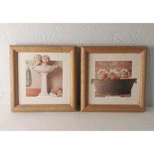 Vintage Anne Geddes Bathroom Prints 90s Babies Framed Decor 7x7 Set Of 2